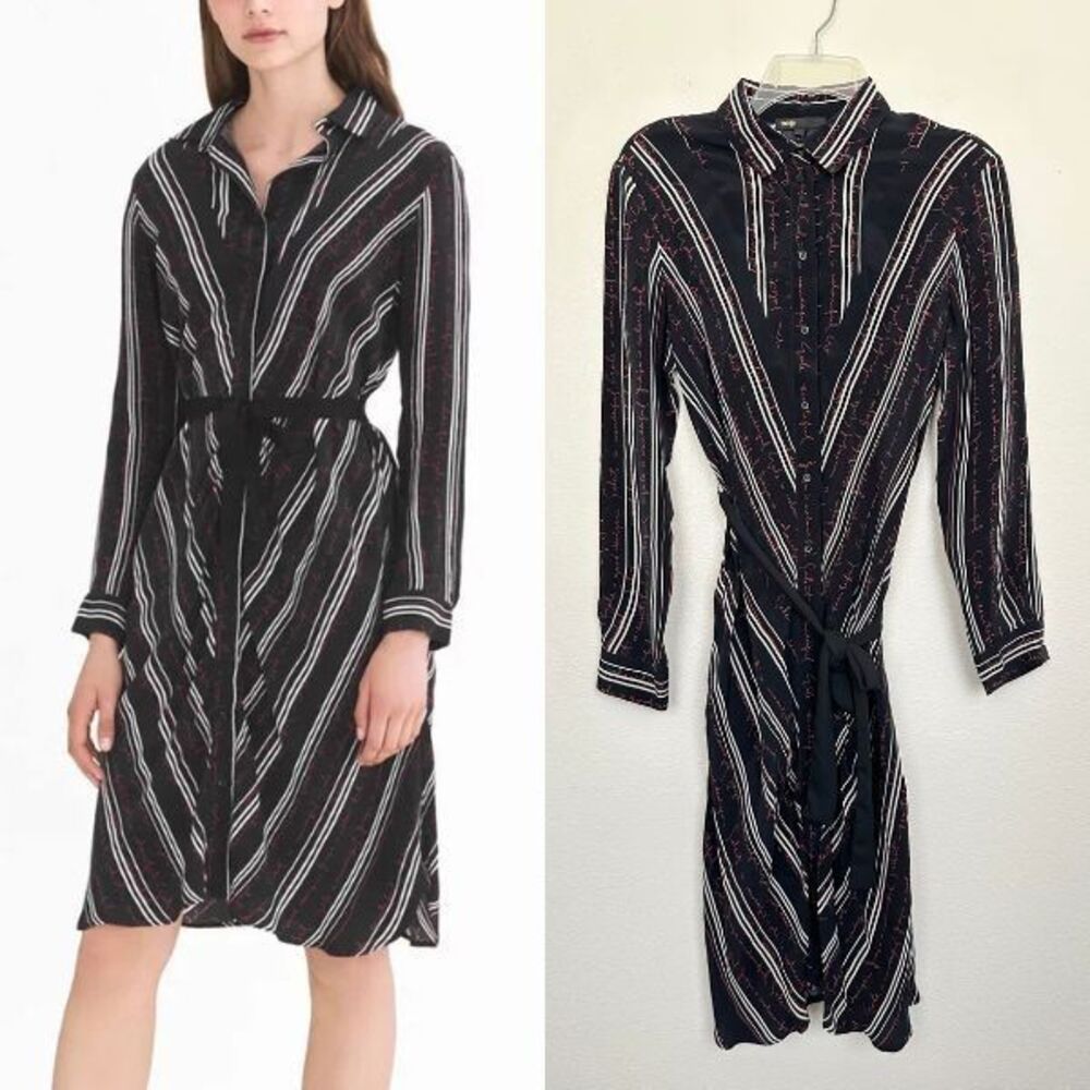 MAJE Regga Shirt Dress Chevron Stripe Print Logo Lettering Belt Black Size 1 (S)